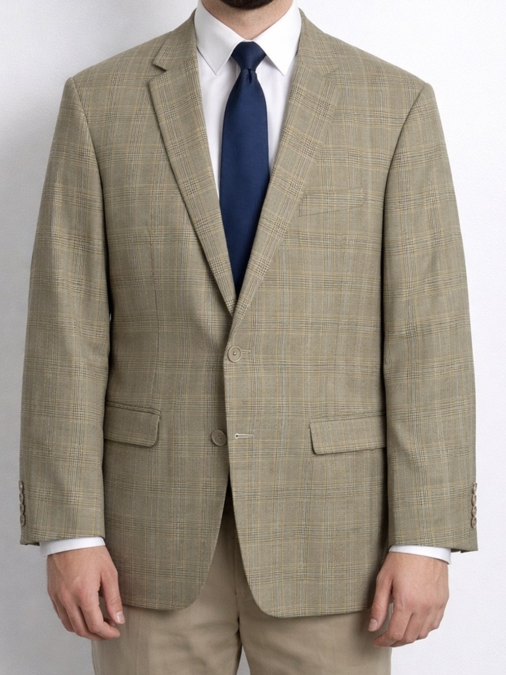 Tommy Hilfiger Men's 48 Long Wool Blend Tan Plaid Sport Coat Blazer Preppy Work